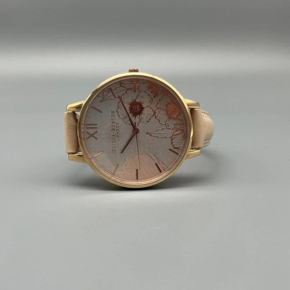 Olivia Burton Womens Watch 38mm Pink Floral Dial Beige Leather New Battery